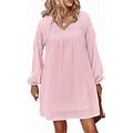 Canrulo Women Elegant Casual Swiss Dots Babydoll Short Dress V-Neck Long Puff Sleeve Solid Color Loose Flowy Mini Dress Pink L