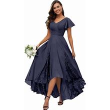 Petyoo Tea Length Mother Of The Bride Dresses For Wedding 2024 Lace Ruffle Sleeves Chiffon Bridesmaid Formal Gown