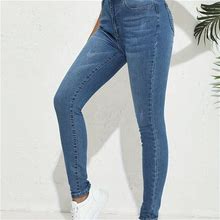 Button Fly Solid Color Long Length Jeans, Women's Denim Slim Fit Blue Pockets High Stretch Casual Denim Pants Clothing Skinny,Blue,Handpicked,Temu