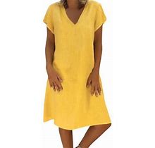 Savings Clearance 2023! Asdoklhq Women Loose V-Neck Summer Solid Short Sleeve Cotton And Linen Dress