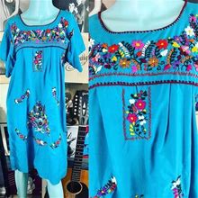 Vintage Dresses | Vintage Size Small Mexican Embroidered Dress Blue Multicolor Boho Cotton | Color: Blue/Green | Size: S