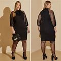 Plus Size Dotted Mesh Paneled Sheath Dress, BLACK, 34/36 - Ashley Stewart