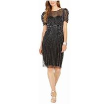 Adrianna Papell Womens Black Beaded Sequined Illusion Neckline Above The Knee Cocktail Sheath Dress 0