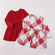 2Pcs Casual Solid Dress + Plaid Dress Set, Comfy Crew Neck Long Sleeve Dresses For Party Outdoor Gift Girls,Red,Must-Have,Temu