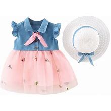 Infant Baby Girls 6M-3Y Fly Sleeve Denim Patchwork Pineapple Tulle Princess Dress Hat Set Princess Style Dress Dress For Girl Pleated Dress For Kids T