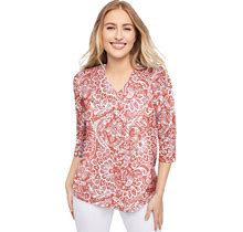 Plus Size Women's Stretch Cotton V-Neck Tee By Jessica London In Dusty Coral Scroll Medallion (Size 18/20) 3/4 Sleeve T-Shirt