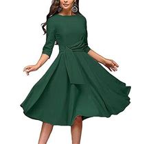 Fenjar Womens Elegance Audrey Hepburn Style Ruched Dress Round Neck 34 Sleeve Swing Midi Aline Dresses Green, Small