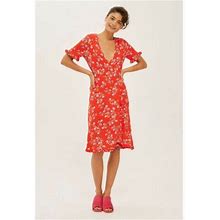 Topshop Red Ditsy Floral Print Short Sleeve Knee Length Wrap Dress
