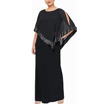 S.L. Fashions Women's Plus Size Long Cold Shoulder Capelet Dress With Metallic Trim
