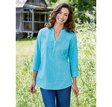 Women's Perfect Pintuck Cotton Tunic With 3/4 Sleeves - Green Turquoise - Large - The Vermont Country Store