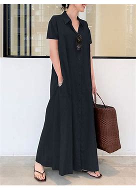 Women's Cotton Linen Maxi Shirt Dress Casual Dress Short Sleeve Button Pocket Loose Fit Summer Spring Black Wine