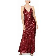 Nightway Womens Red Sequined Sleeveless V Neck Maxi Evening Sheath Dress 10