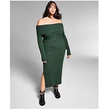 Inc Womens Green Stretch Ribbed Lined Long Sleeve Off Shoulder Maxi Party Sheath Dress Plus 2X