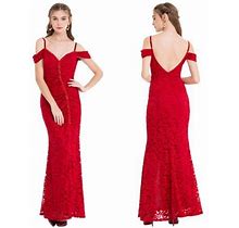 Angel-Fashions Red Lace Wedding Party Gown Women's Spaghetti Strap Boat Neck Beading Long Slit Formal Evening Dress X-Large