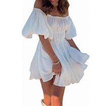 Kayotuas Women's Summer Puff Sleeve Off Shoulder Mini Dress Ruffled A Line Flowy Swing Beach Dress
