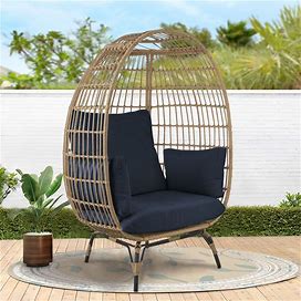 Lucinda 40" Wide Boho Indoor/Outdoor Patio Wicker Egg Chair With Oversized Upholstered Cushions - Natural/Navy Blue