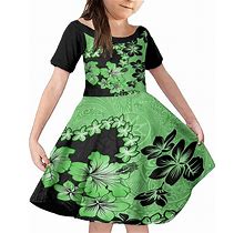 Green Hawaii Kid Short Sleeve Dress Tapa Cloth Mix Tropical Flowers Pastel Vibes LT14