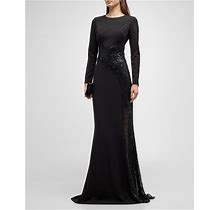 Rickie Freeman For Teri Jon Long-Sleeve Sequin Lace & Crepe Trumpet Gown, Black, Women's, 2, Long-Sleeve Gowns
