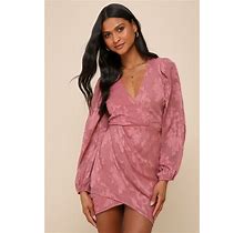 Mauve Floral Jacquard Long Sleeve Mini Dress | Womens | Large (Available In XS, S, M) | 100% Polyester | Lulus Exclusive | Pink Dresses | Dresses
