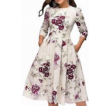 Simple Flavor Women's Floral Vintage Dress Elegant Midi Evening Dress 3/4 Sleeve