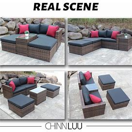 5 Pieces Outdoor Patio Garden Brown Wicker Sectional Conversation Sofa Set With Black Cushions And Red Pillows