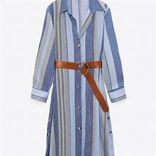 Zara Dresses | Zara Striped Dress With Belt | Color: Blue/Gold | Size: Various