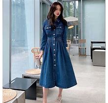 Blue Denim Denim Dress For Women For Women - Long Sleeve A-Line With Elastic Waistband And Cotton Fabric - Autumn Fashion (210529)