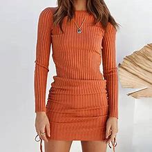 Vkekieo Casual Dresses For Women Sun Dress Crew Neck Long Sleeve Printed Orange S