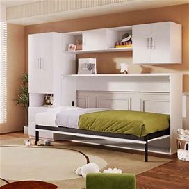 Latitude Run® Murphy Bed W/ Open Shelves & Storage Drawers, Built-In Wardrobe & Table In Brown/Green/White | 70.91 H X 44.01 W X 102.51 D In