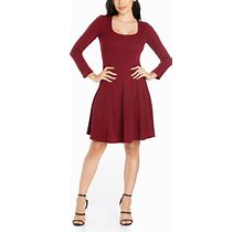 24Seven Comfort Apparel Women's Simple Long Sleeve Knee Length Flared Dress - Burgundy - Size S