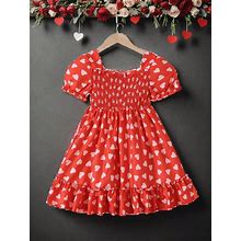 Young Girls' Lovely Heart Printed Red Dress,6Y
