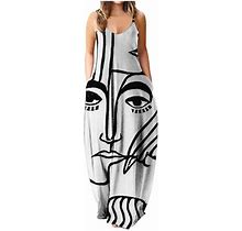 Roliyen Maxi Dresses For Women Floral Print Sling V-Neck Sleeveless Loose Long Maxi Dress Beach Sundress With Pockets