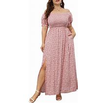 Women's Boho Dress Plus Size Floral Print Off Shoulder Shirred Split Summer Maxi Long Dress