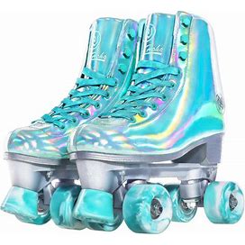 Jajahoho Roller Skates For Women, Holographic Rollerskates, Shiny Double-Row Four Wheels Quad Skates Girls Outdoor (Green)