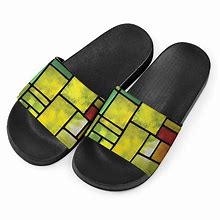 Square Stained Glass Mosaic Print Black Slide Sandals