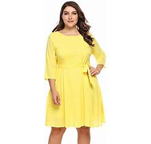 IN'voland Women Plus Size Chiffon Dress Long Sleeve Solid Color Belted Cocktail Swing Dress Yellow