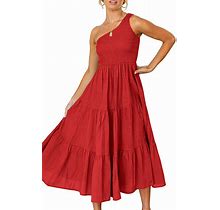 Kelsidress One Shoulder Sleeveless Ruched Ruffle Swing Dress M-Red