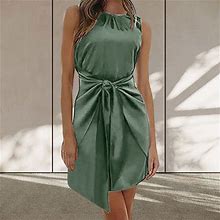 Finelylove Woman Summer Dresses Petite Summer Dresses V-Neck Solid Sleeveless Sun Dress Army Green