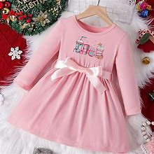 Coffee Print Long Sleeve Dress Sweet Girls Princess Dress, Girls Dress With Bow Belt Spring Fall Christmas Gift Trending,Temu