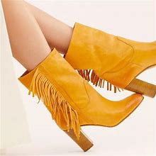Free People Shoes | Free People Wild Rose Slouch Boot Golden Tan Leather With Fringe Size 41 | Color: Orange/Yellow | Size: 11