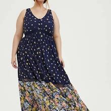 Torrid Dresses | Navy Mixed Floral Challis Button Maxi Dress | Color: Blue/Pink | Size: 3X