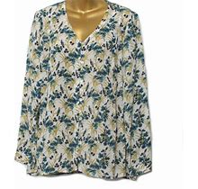 J Jill Women Floral Bird Vneck Long Sleeve Button Tunic Rayon Blouse