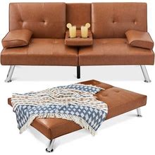 Best Choice Products Modern Faux Leather Convertible Futon Sofa W/ Removable Armrests, 2 Cupholders - Tan