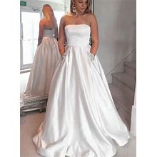 Simple A Line White Strapless Beaded Satin Prom Dress With Pockets
