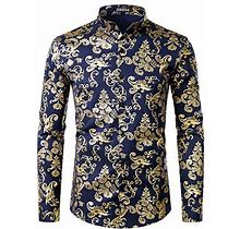 ZEROYAA Men's Luxury Shiny Golden Print Design Slim Fit Long Sleeve Mandarin Collar Dress Shirt ZHCL40 Navy Gold Small