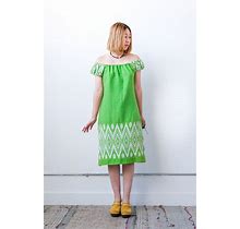 Vintage 1960S Green Puff Sleeved Geometric Embroidery Dress