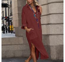 Womens Classic Tea Dress Long Sleeve V Neck Dress Casual Maxi Dress