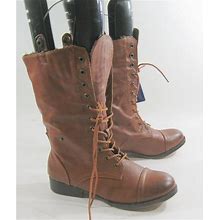 NEW Tan 1""Heel Lace Up Combat Round Toe Sexy Mid-Calf Boot Women Size 6.5