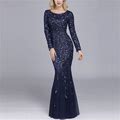 Premium Mermaid Long Dress Sequins Long Sleeves Dress | Fall Winter Spring Cocktail Party Dress Evening Gowns, Navy Blue / L