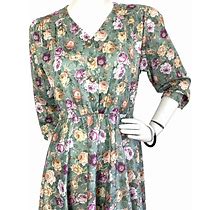 70S Dress Cottage-Core Floral Midi Blouson A-Line Etched Buttons 3/4